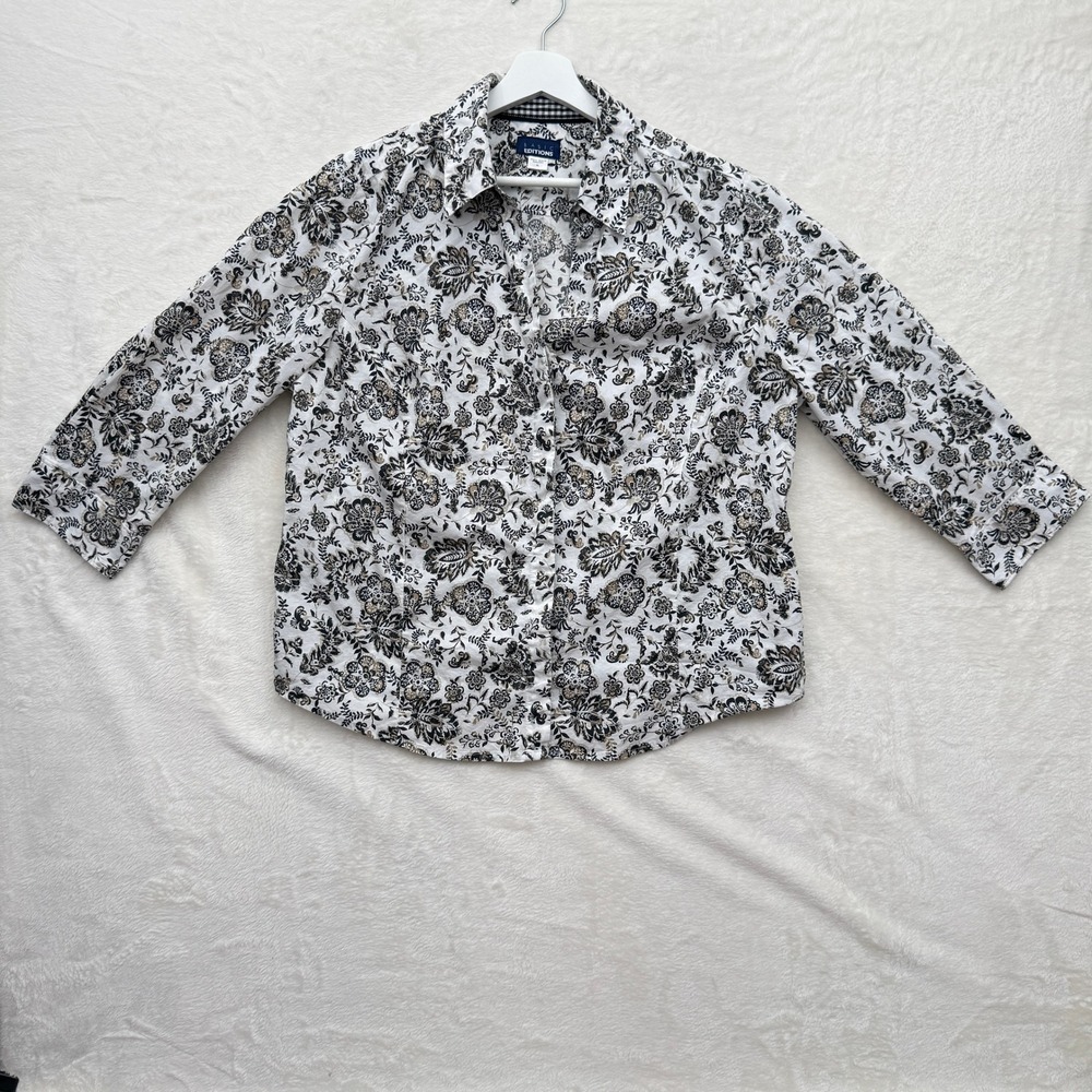 Basic‎ Editions Blouse Womens XL Black Floral Paisley 3/4 Sleeve Button Down